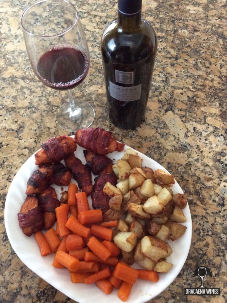 bacon wrapped chicken and wine