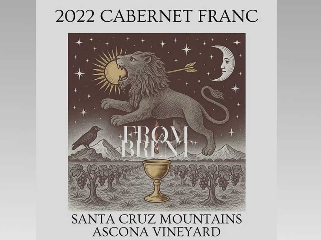 Hand-illustrated wine label for From Brent 2022 Cabernet Franc from Ascona Vineyard, featuring alchemical symbols of a lion, sun, and moon in the Santa Cruz Mountains.