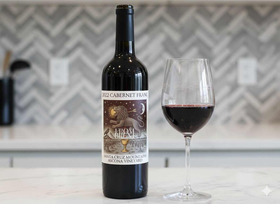 Hand-illustrated wine label for From Brent 2022 Cabernet Franc from Ascona Vineyard, featuring alchemical symbols of a lion, sun, and moon in the Santa Cruz Mountains.
