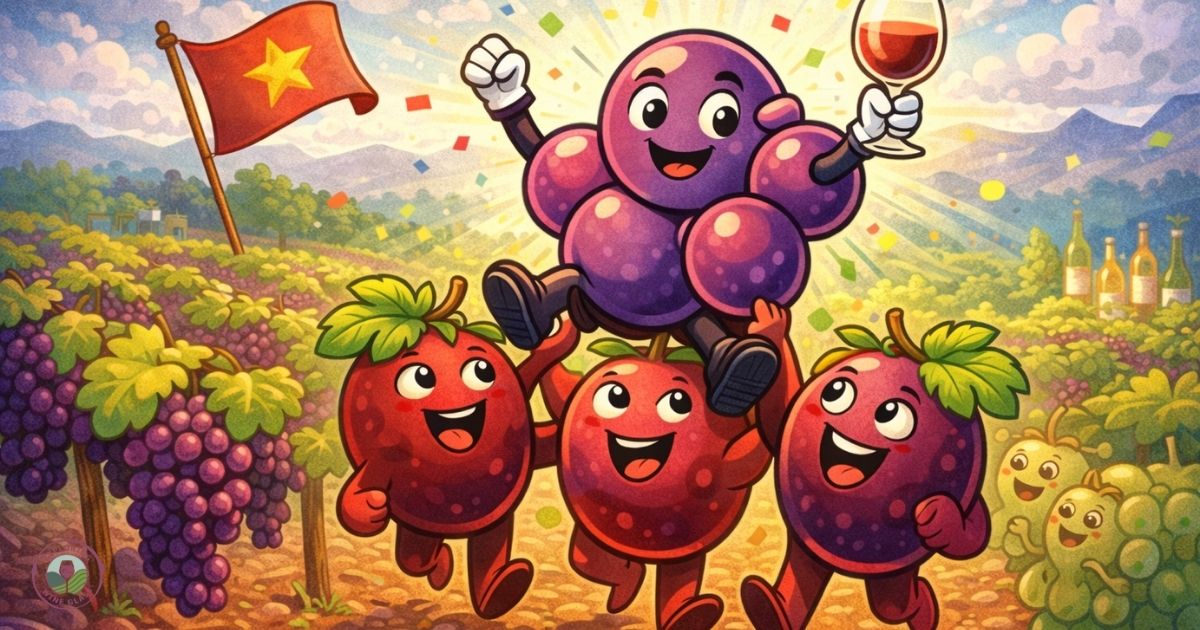 cartoon image of resveratrol being on other grapes shoulders