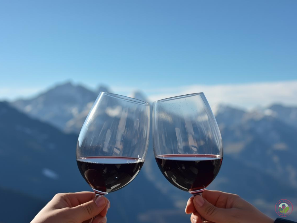two glasses of wine clinking in front of mountain views