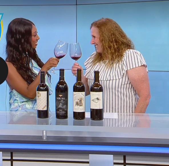 clinking wine glasses on the set of KSEE TV