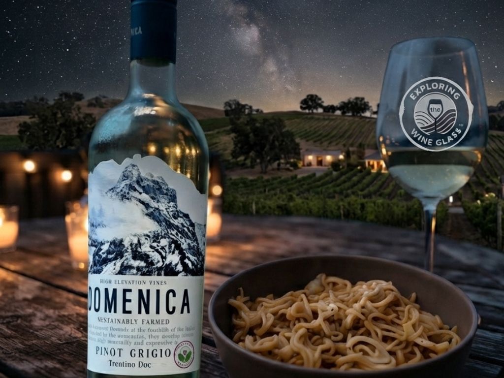 bottle of Domenica with ramen noodles outside under stars