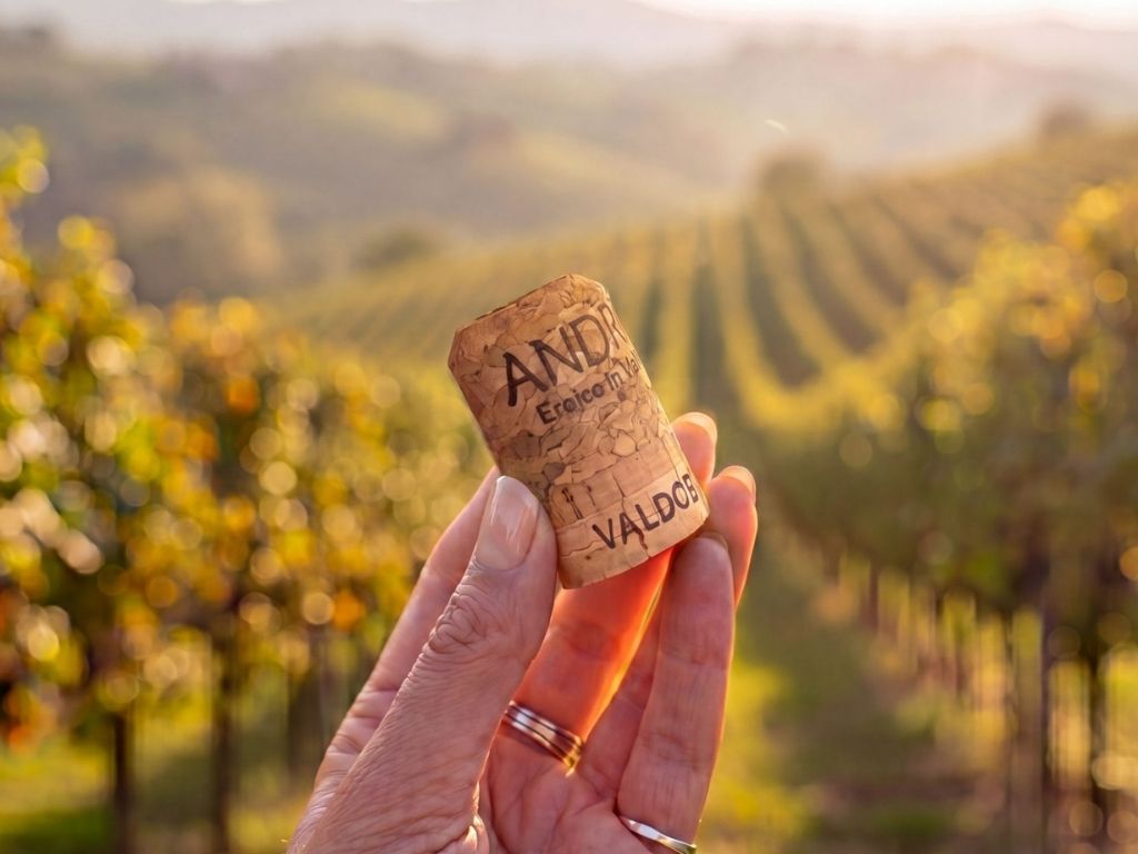 Andreola cork being held in vineyard