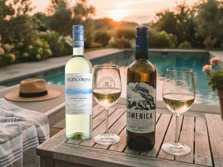 two bottles of pinot grigio in front of a pool