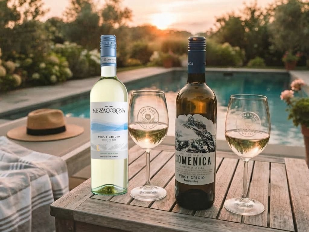 two bottles of pinot grigio in front of a pool